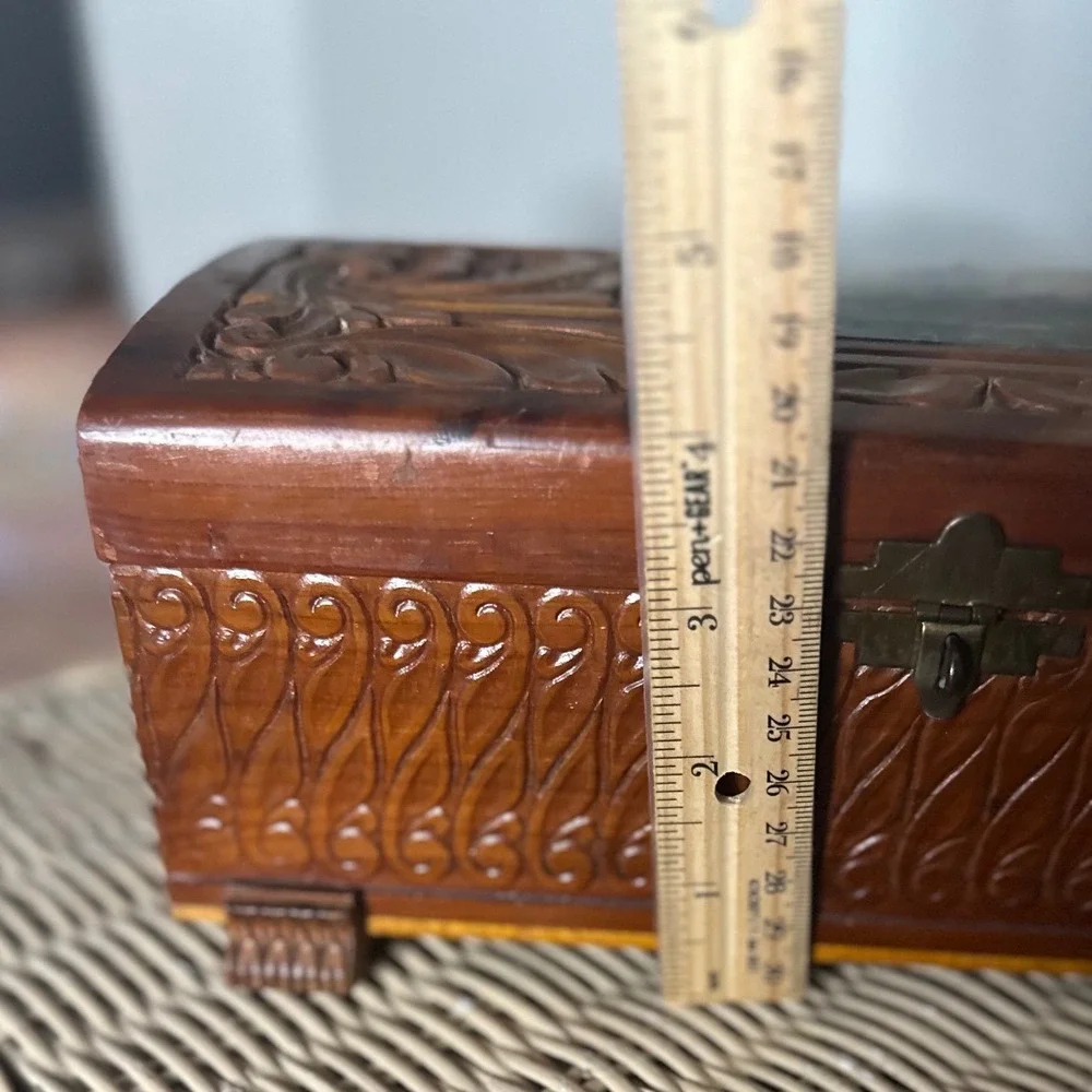 Vintage Hand Carved Cedar Wood Jewelry Box etched Mirror Windmill Footed 50s